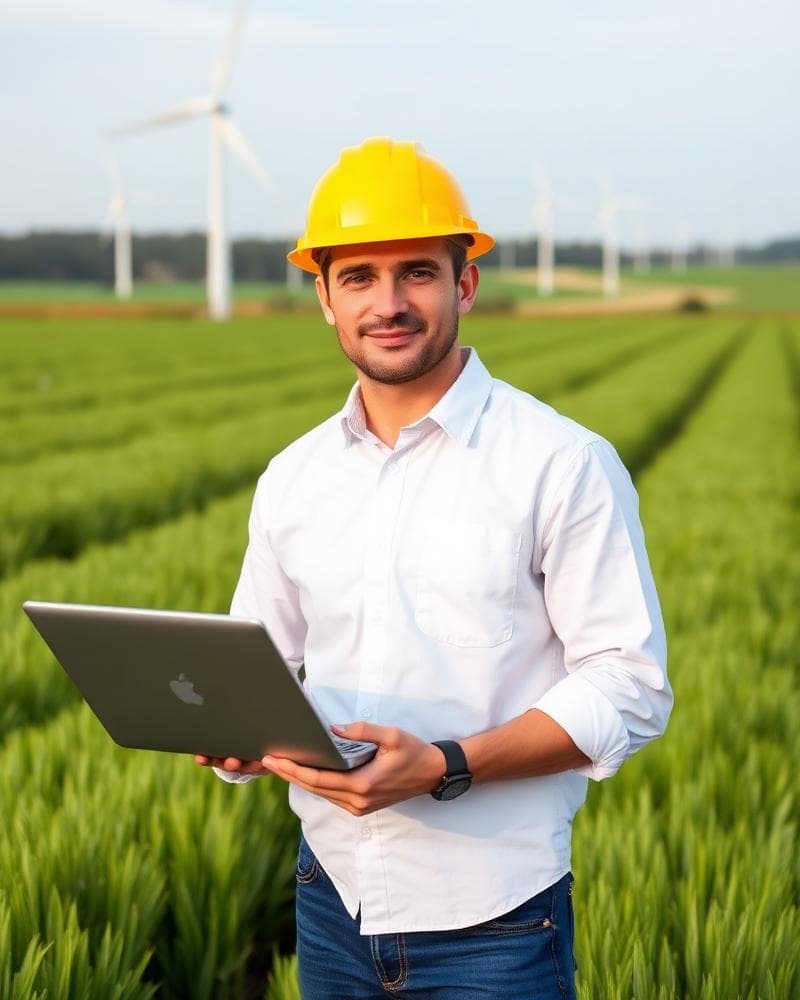 Energy engineer reviewing output on a laptop in a green field
