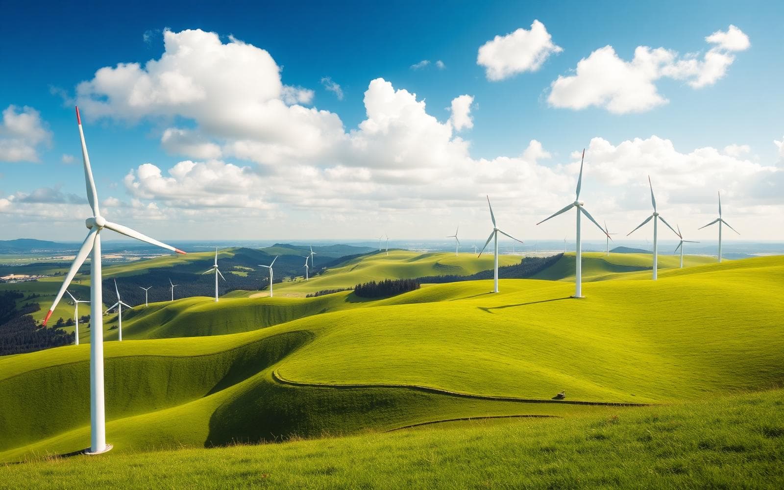 Wind turbines on green rolling hills
