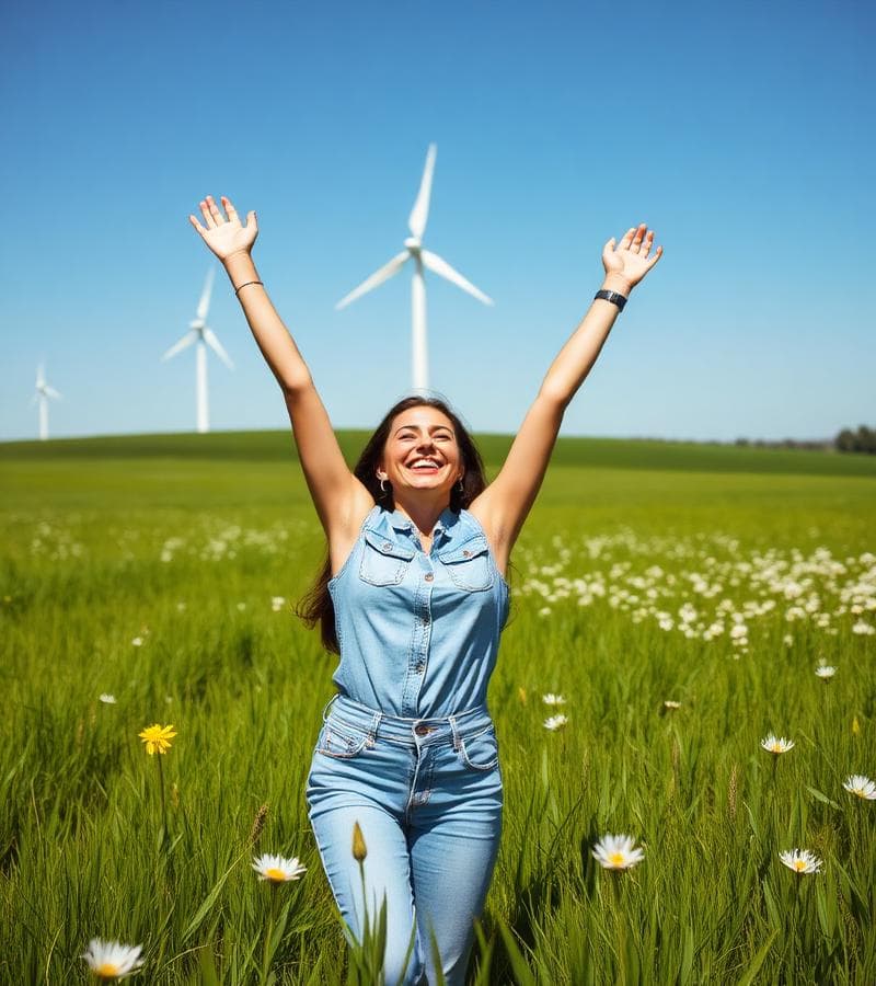 Person celebrating in a meadow beside wind turbines